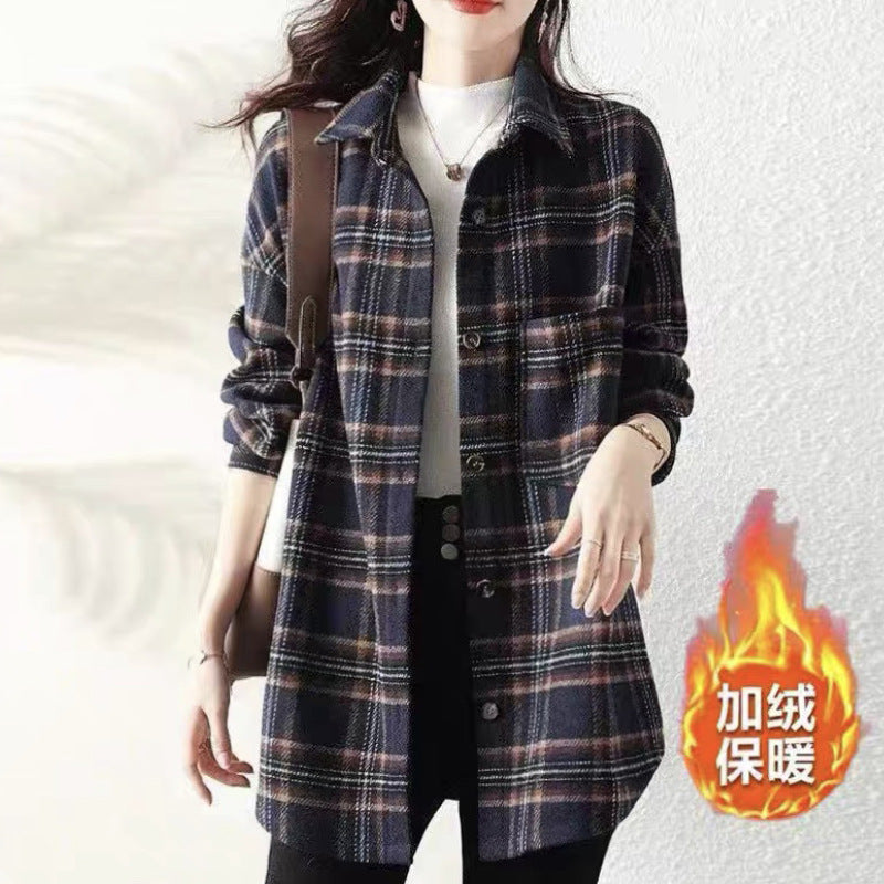 Fleece and thickened plaid women's 2025 autumn and winter new retro long-sleeved medium and long shirt jacket