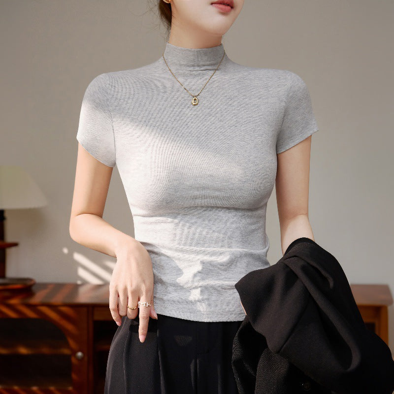 High-end unique T-shirt straight shoulder threaded short sleeve semi-high neck slim base shirt women's summer sexy hot girl top top