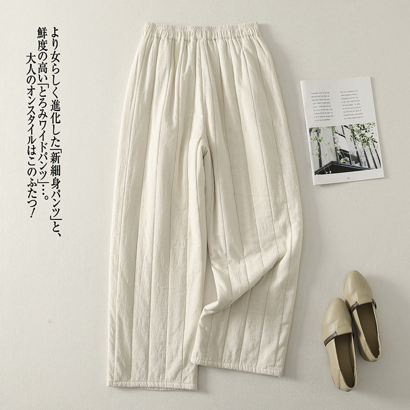 Real shot 2025 winter new literary and artistic simple elastic waist thin warm striped cotton-padded wide-leg pants cotton pants women