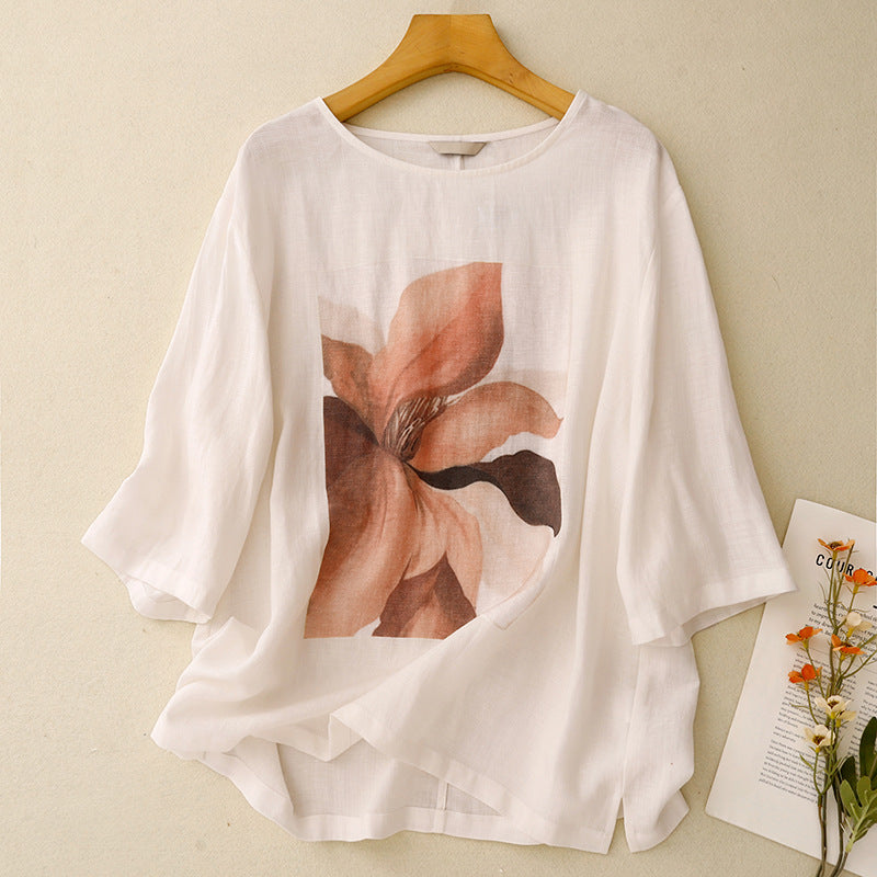 Real shot 2025 summer new literary loose printing crew neck short-sleeved T-shirt women's top #9022