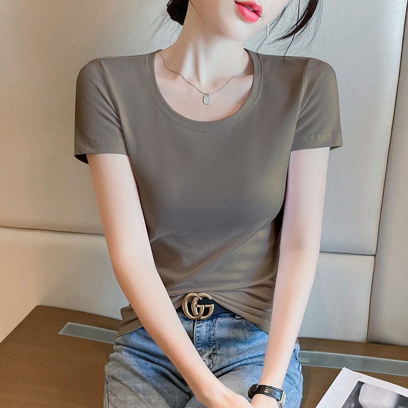 Lotus root pink short-sleeved t-shirt women's pure cotton shoulder this year popular women's clothing summer ootd wear thin versatile top