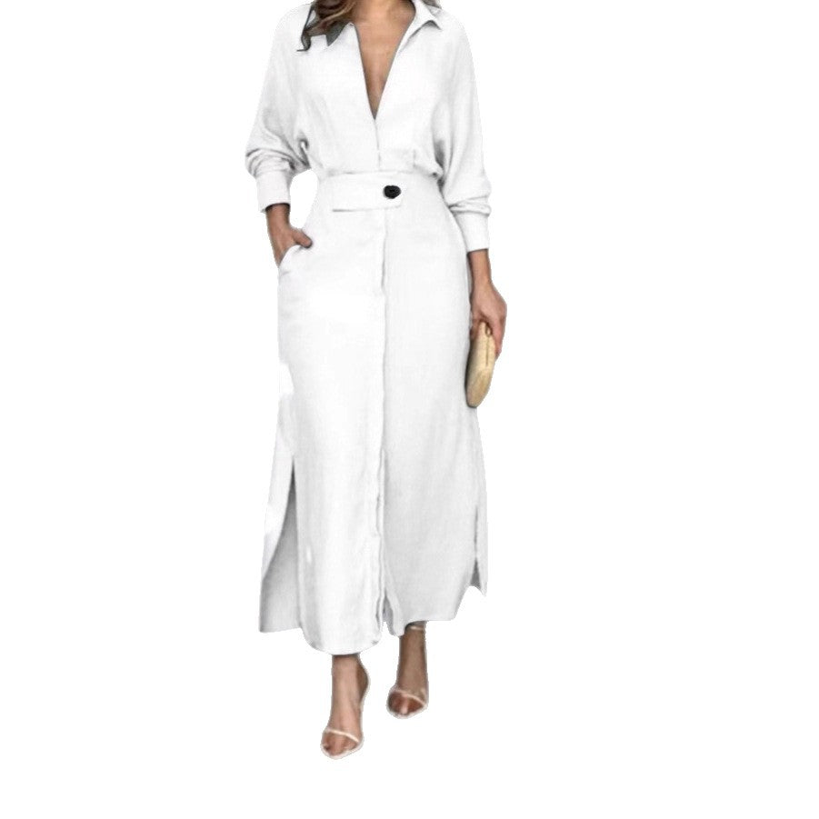 2025 European and American new temperament women's commuting lace-up solid color waist long-sleeved irregular shirt European and American dress women