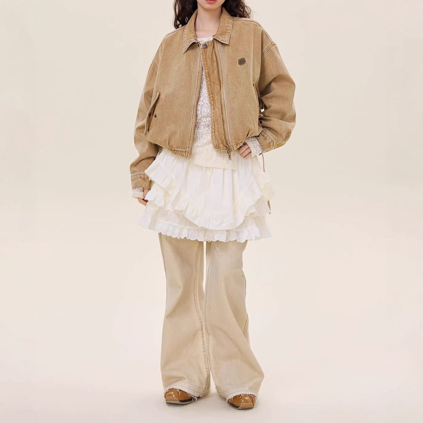 Bud hem detachable knitted collar denim jacket romantic lace daughter wind 25 autumn