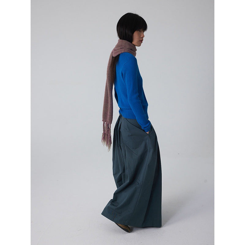 IN JOMI blue sweater crew neck new temperament waist slimming versatile ribbed knitted long sleeve design