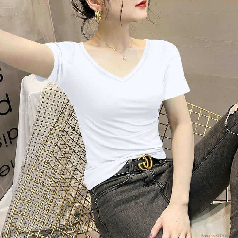 Modal White V-Neck Short Sleeve T-Shirt Women's 2025 New Spring and Summer Niche Design Thin Front Shoulder Top