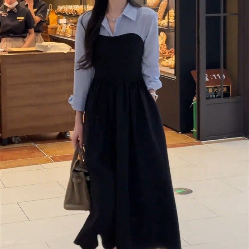 Large size early autumn new women's clothing fake two-piece shirt black long-sleeved dress, high-end matching, a complete set