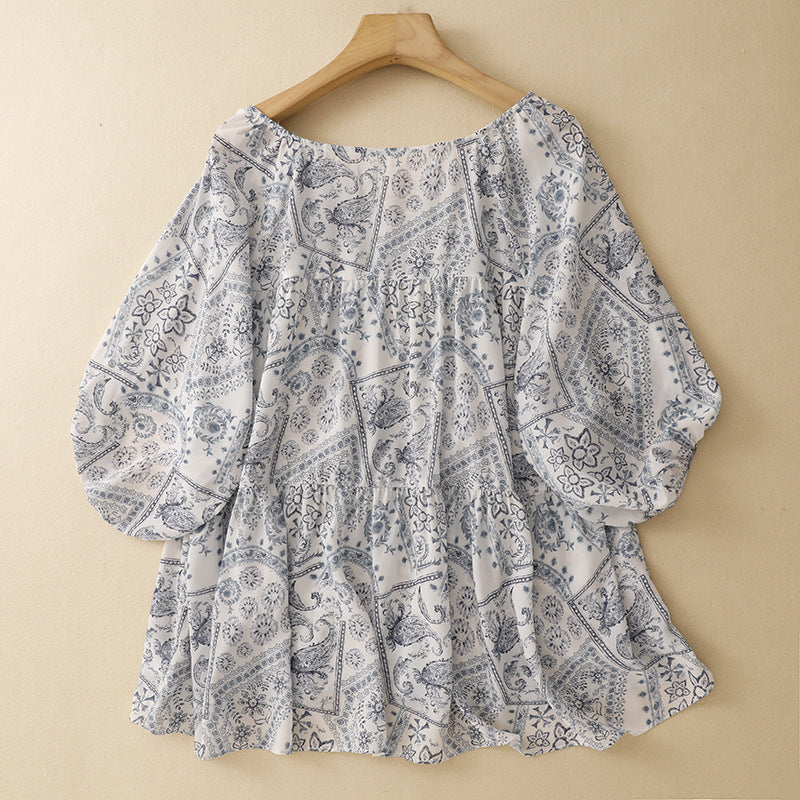 2025 summer new blue island print loose ethnic retro color short-sleeved shirt top women