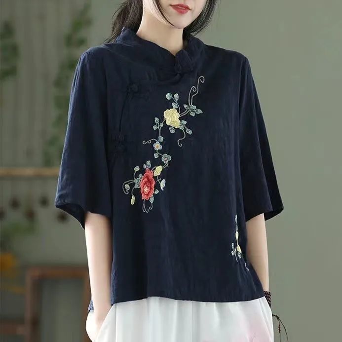 Ethnic style large size stand-up collar diagonal placket embroidered retro buckle solid color pullover medium sleeve cotton and linen short top women's summer wear