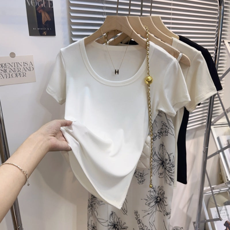 [A code packet of the released version] U-neck summer shoulder ice silk short-sleeved T-shirt women's slim versatile bottoming shirt top