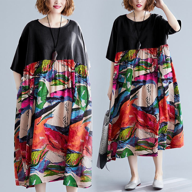 Real shot 2024 summer new literary large size loose cotton and linen printing crew neck short-sleeved dress women's clothing 0038 #