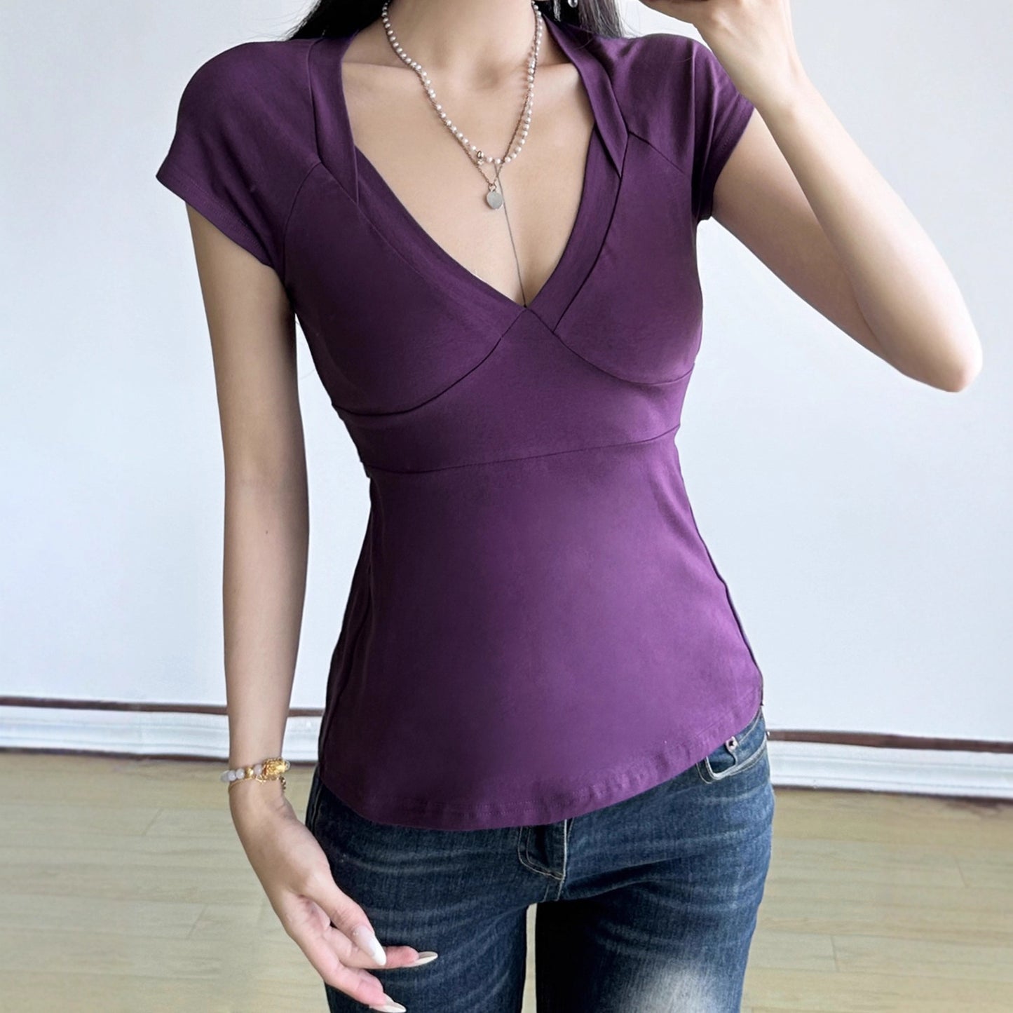 Love cloth forget pure desire style fashion splicing chest short-sleeved T-shirt Spice girl back strap bow base top