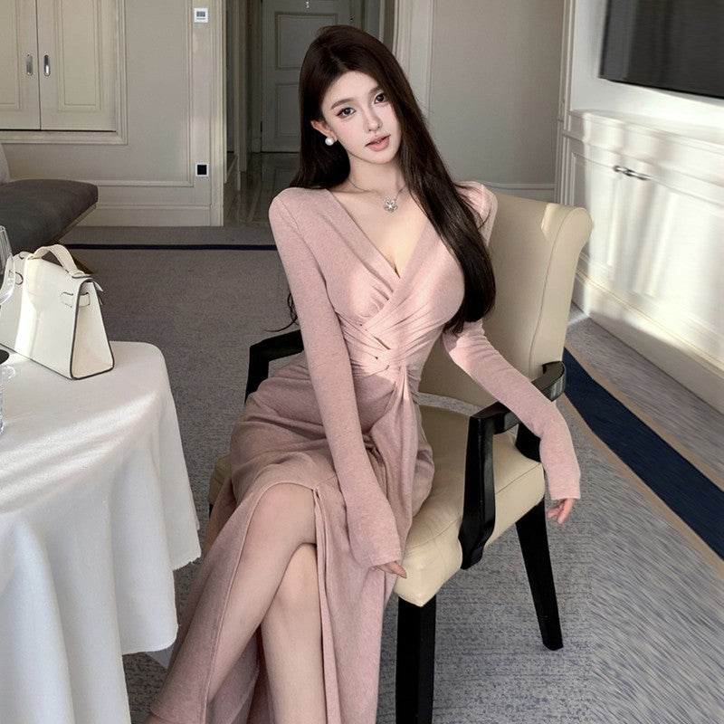 French V-neck kinky temperament slim bottom hip skirt straps long sleeves irregular waist gentle tie dress