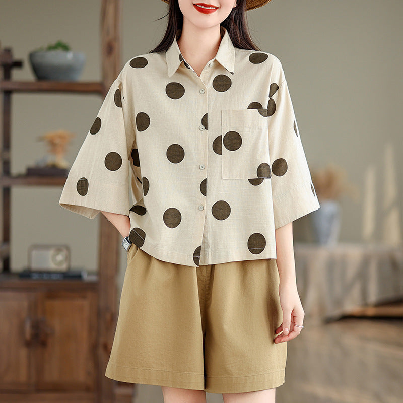 Real shot 2025 summer new literary loose polka dot lapel short-sleeved shirt blouse top #9531