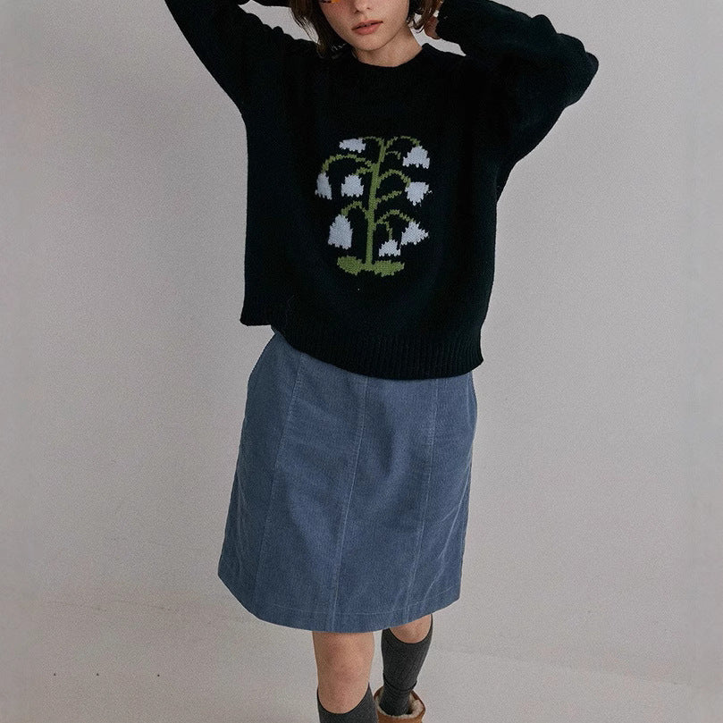 Thick needle round neck lily of the valley jacquard knitted sweater women's autumn and winter new fashion versatile casual top