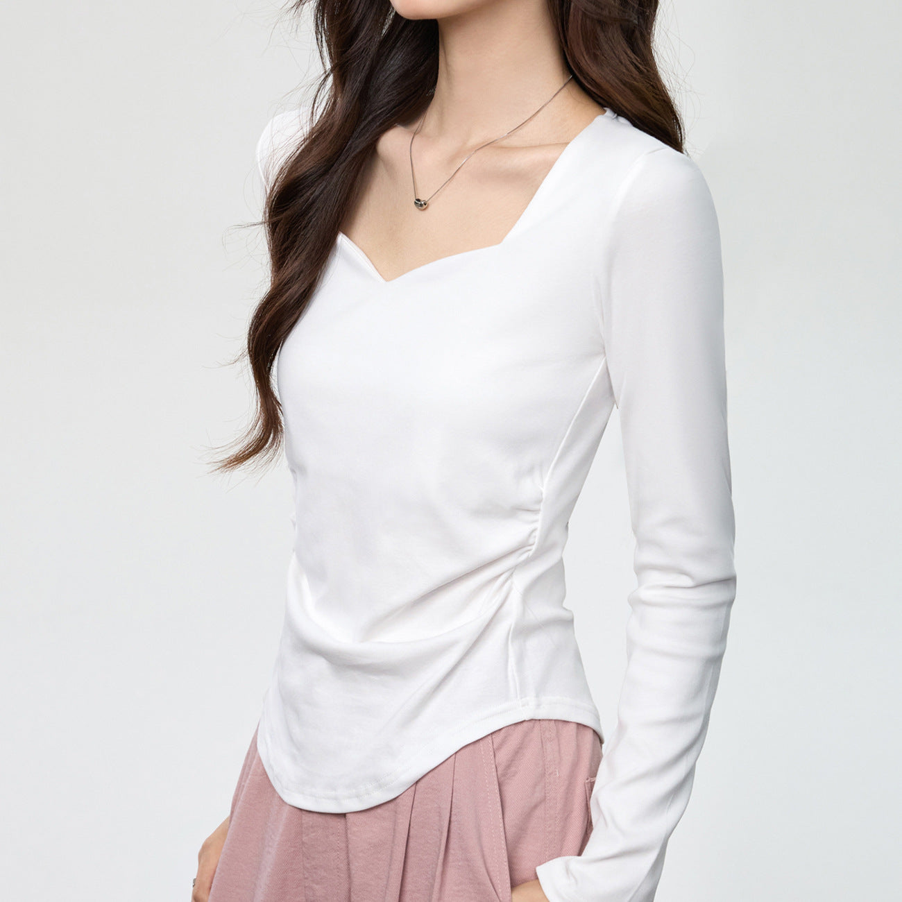 #40 combed pure cotton #peach heart square neck long-sleeved T-shirt women's autumn new pleated slim-fitting front shoulder top bottoming shirt