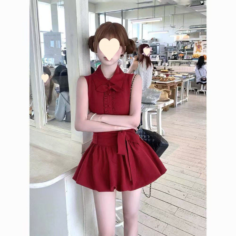 French small man, sweet temperament, high-end cherries, red rabbit ears, shirt collar, lace-up bud dress, women's summer