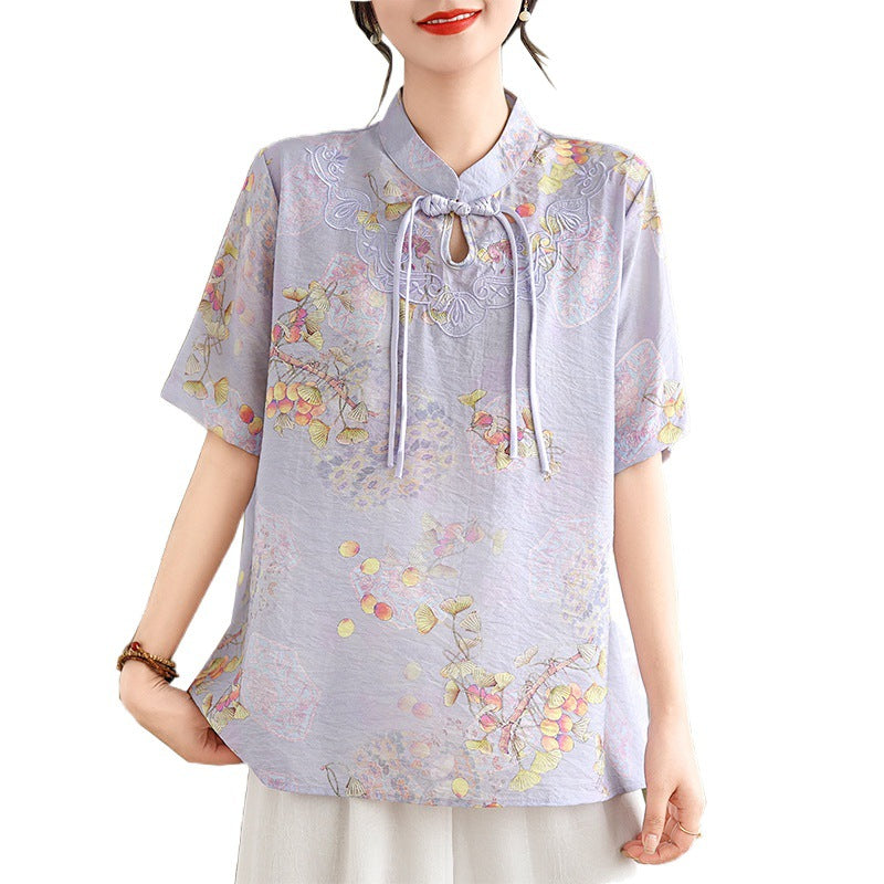 Real shot 2024 summer new national style literary and retro stand-up collar buckle tea clothes shirt top women