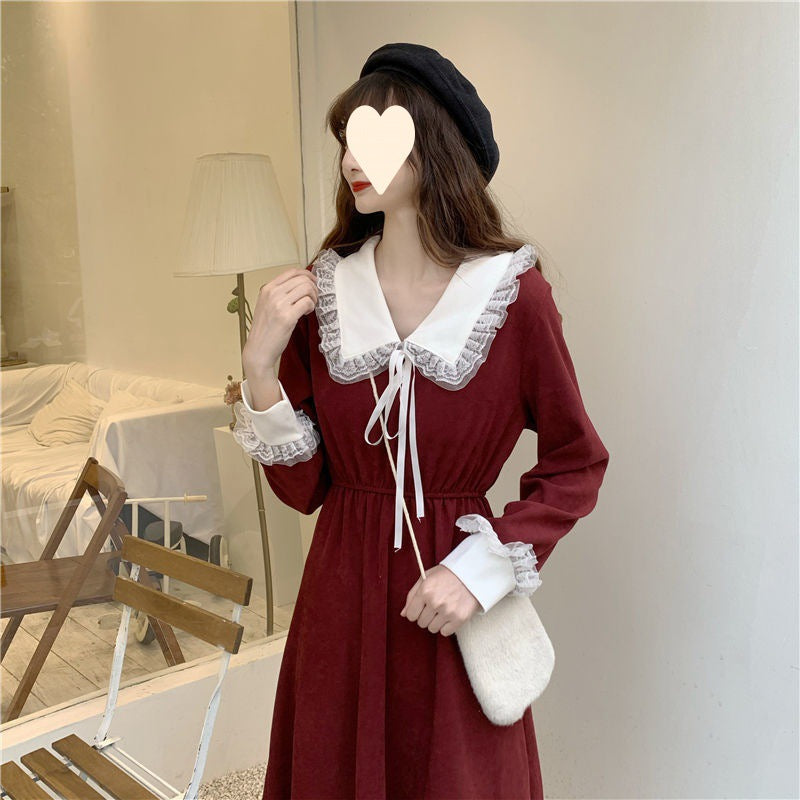 New Christmas Fall Winter French Dress Women's Red Waist Slim Long Sleeve Hepburn Dress Plus Size