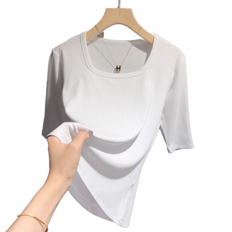 White square collar five-quarter-sleeved t-shirt women's 2025 summer new slim-fitting medium-sleeved thin bottom half-sleeved contrasting top
