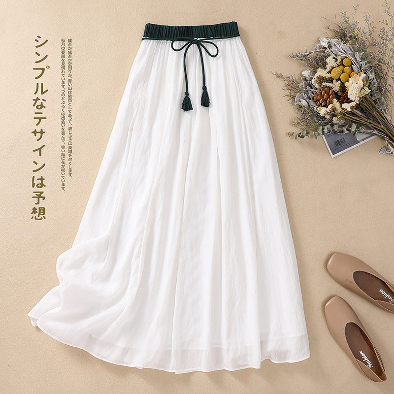 Real shot 2025 summer new literary loose solid color elastic waist A word medium and long skirt women #661 #