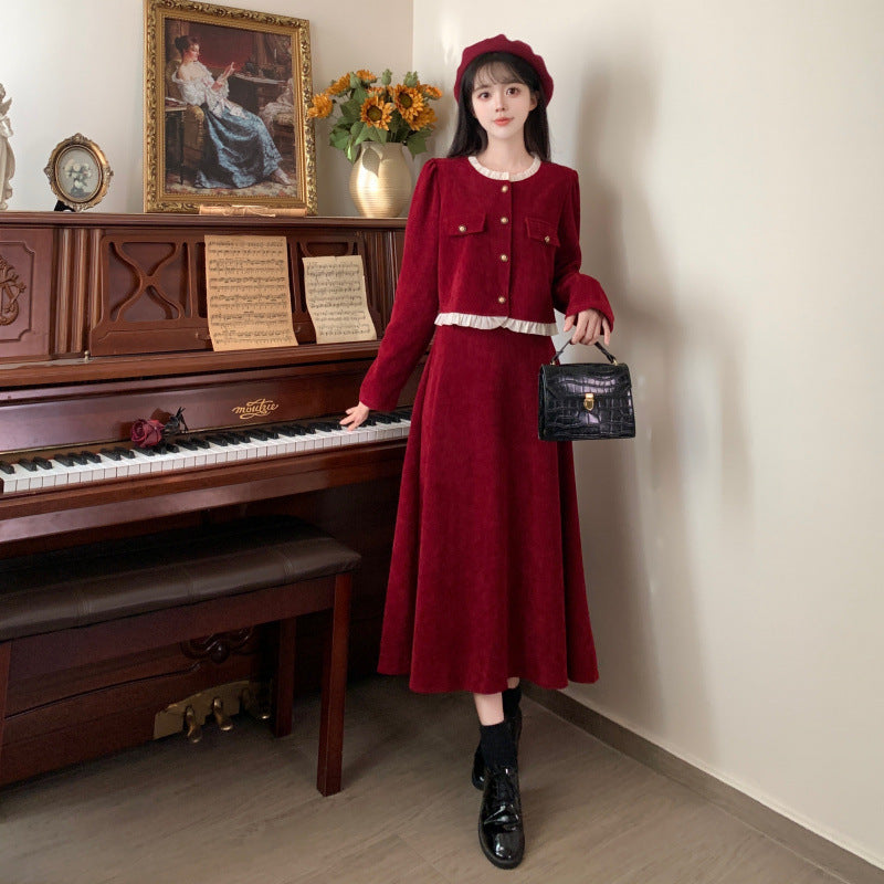 Autumn and winter small fragrant style suit skirt slim top large size fat mm French red corduroy half dress