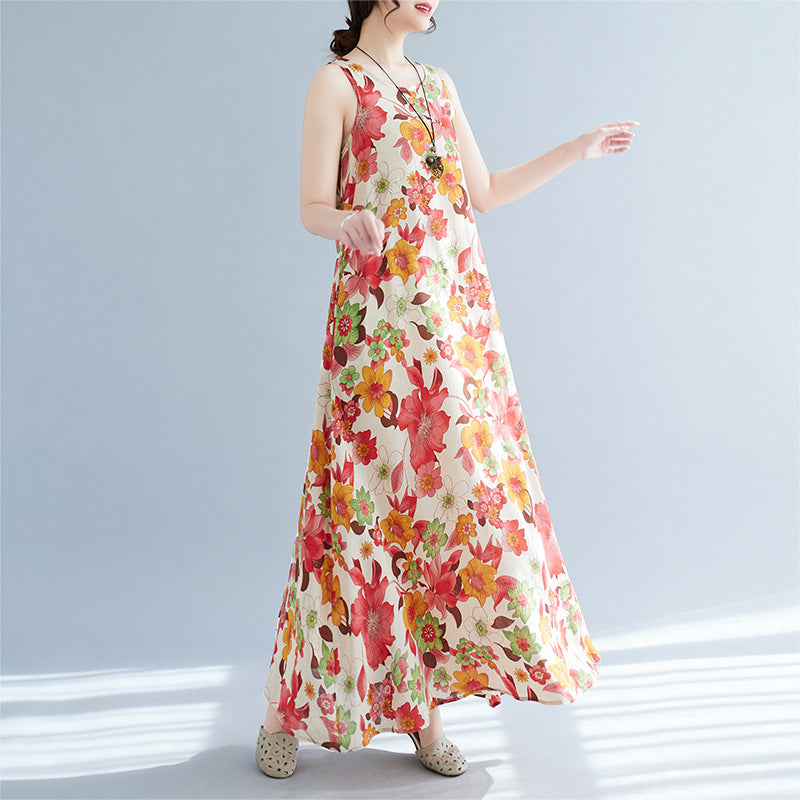 Real shot 2024 summer new bohemian loose cotton and linen print sleeveless dress women's vest skirt #8609