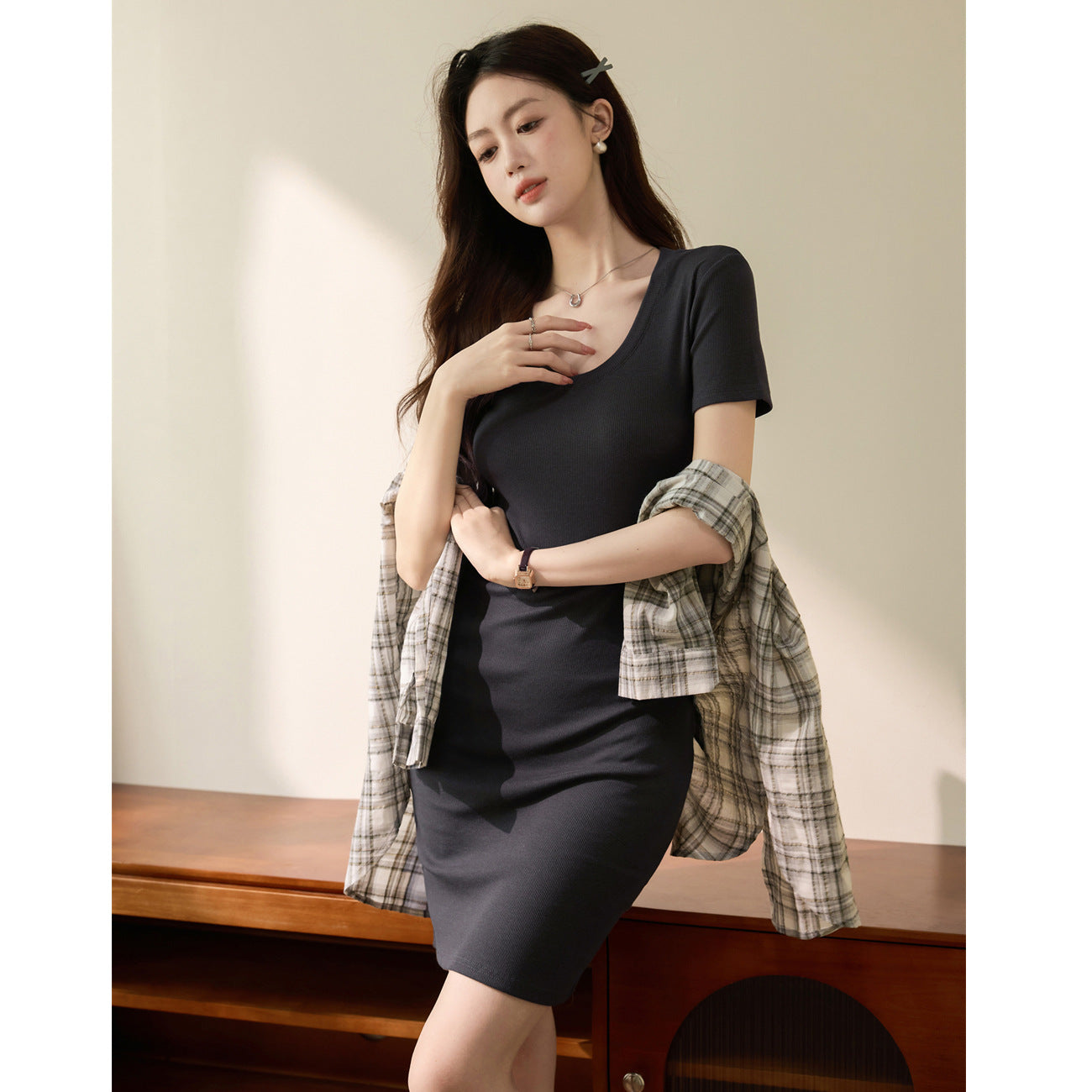 [Use good materials] Cotton short-sleeved dress women's summer 2026 new round neck inner with sexy Spice Girl hip-wrapped short skirt