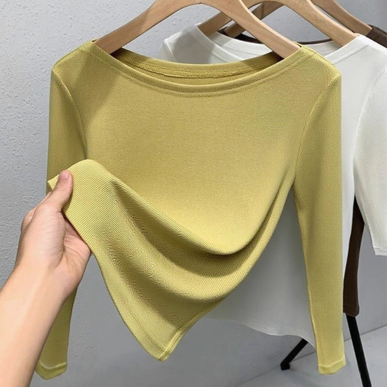 Medium-sleeved t-shirt women's 2025 new women's clothing solid-color threaded half-sleeved t-shirt temperament one-word shoulder elastic waist top