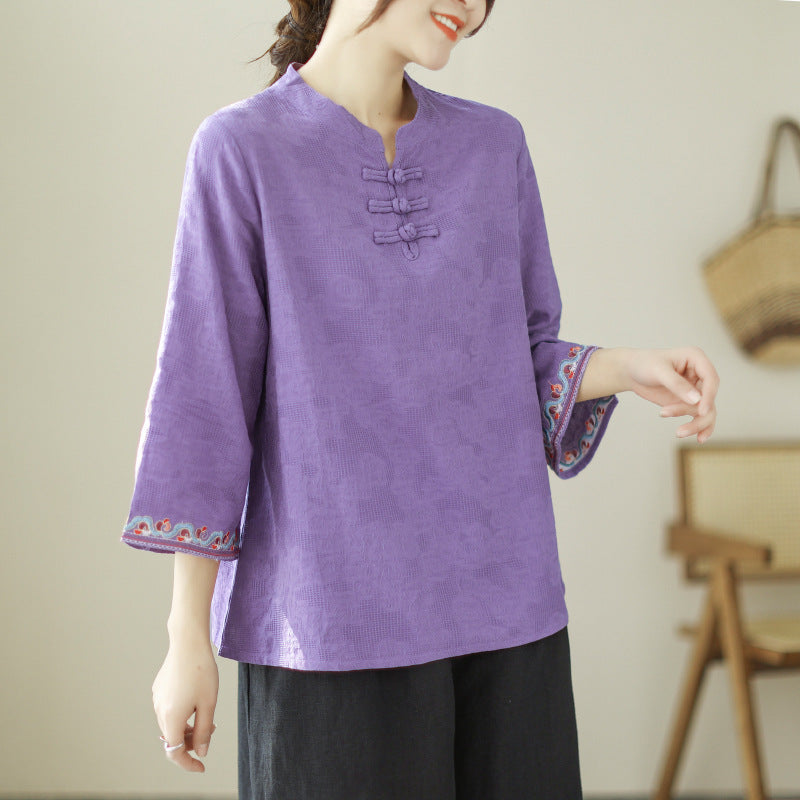 Real shot 2025 summer new retro jacquard cotton and linen disc buckle seven-quarter sleeve shirt women's shirt top 2870 #