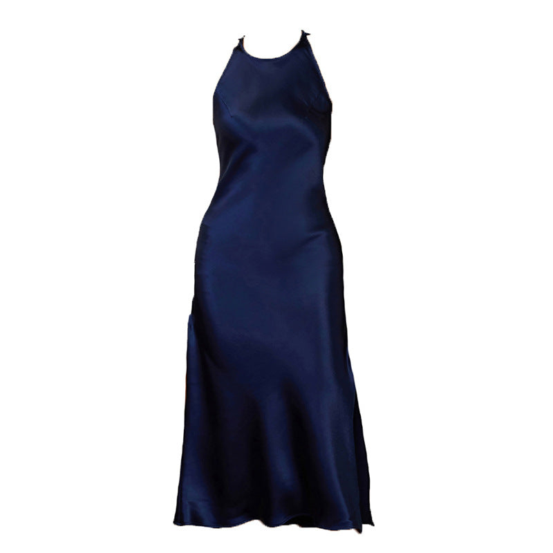 New Chinese acetic acid satin sleeveless dress for women's summer waist temperament versatile slit skirt looking thin commuting