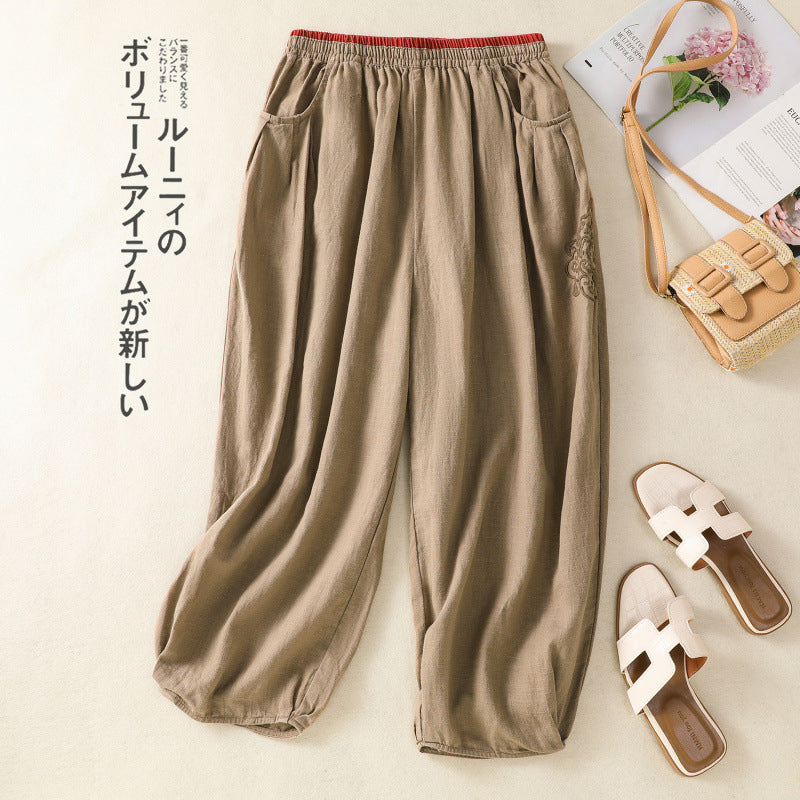 Real shot 2025 summer large size literary and retro cotton and linen embroidered bloomers color matching elastic waist loose Harlan pants