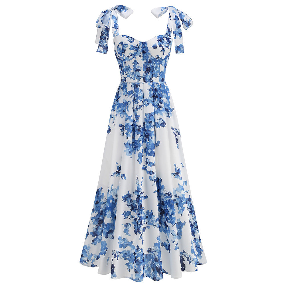 Stylish and sexy printed suspender evening dress floral back strap women's dress female elegance and elegance