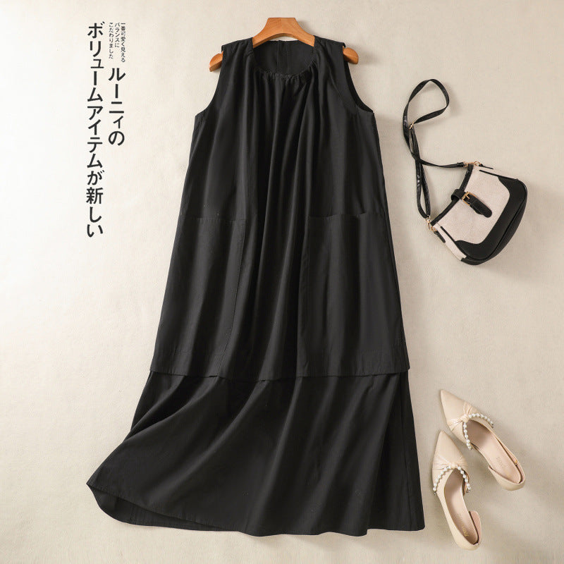 Real shot 2025 summer new cotton and linen large size loose casual thin sleeveless pocket vest dress women