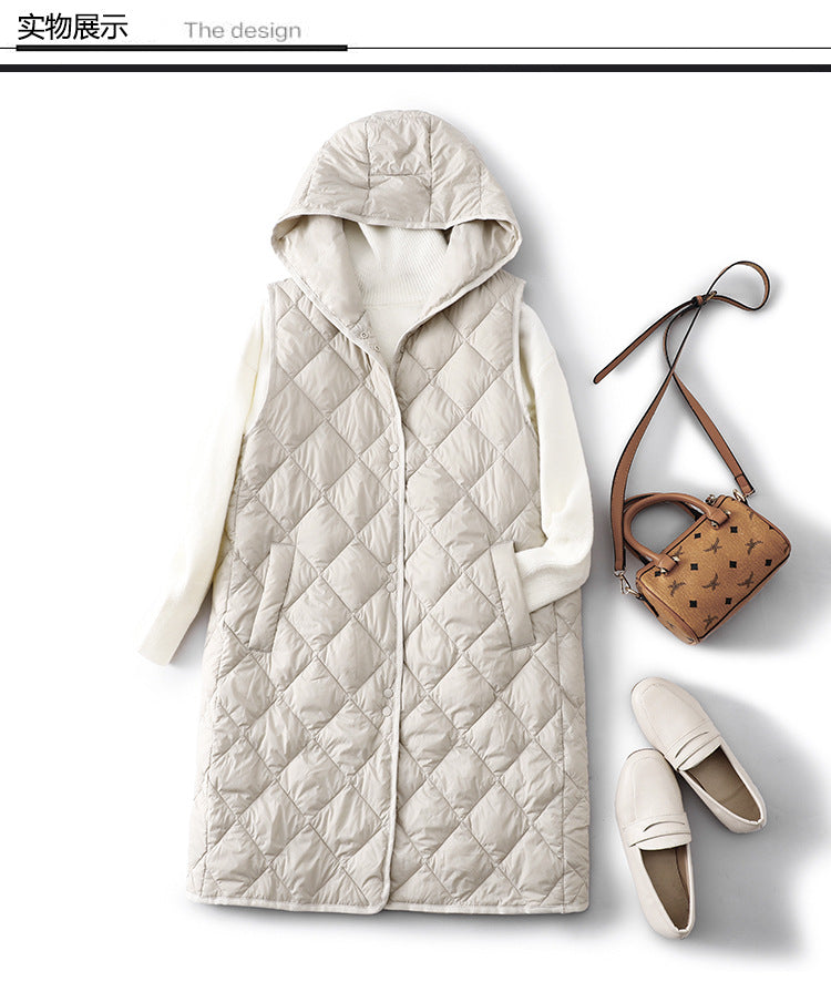 Real shot 2024 winter new loose and thin hooded vest medium and long vest jacket vest women 1505 #