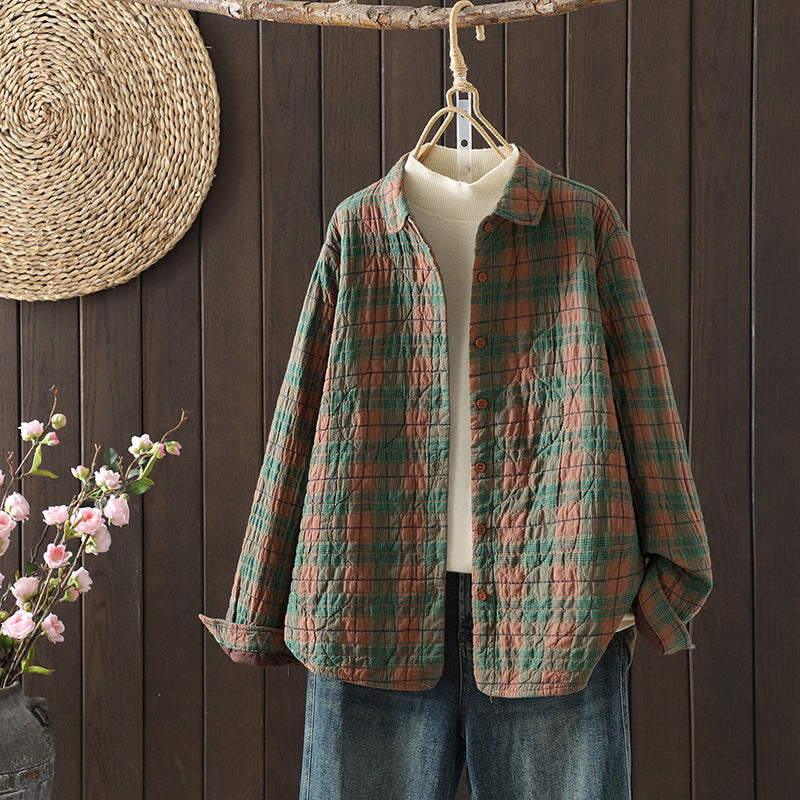 Real shot 2025 autumn and winter new padded thickened plaid shirt casual age-reducing lapel cotton shirt jacket