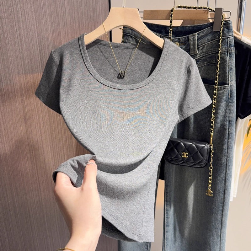 White u-neck short-sleeved t-shirt women's summer 2025 new threaded versatile tight and thin inner bottoming shirt and outer top