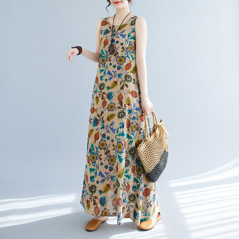 Real shot 2025 summer new literary loose cotton and linen printing round neck sleeveless dress women's medium and long #8606