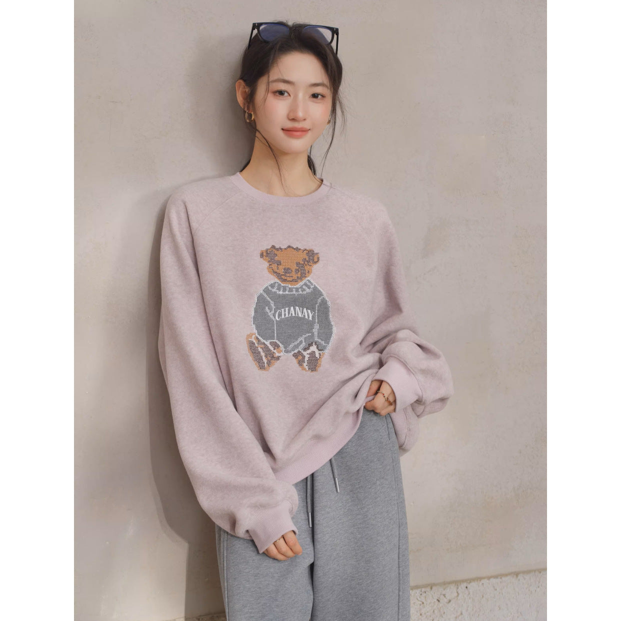 JOMI STUDIO Gentle Cream Purple, Cross Stitch Bear Crew Neck Sleeve Embroidered Sweater Women's Spring Top