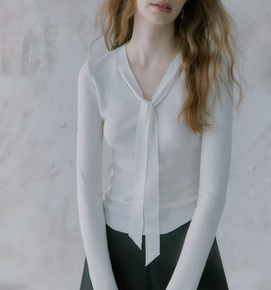 Lyocell silk wool blend! 2-color simple slim-fitting V-neck streamer knitted sweater bottoming shirt for women