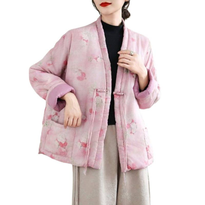 Real shot 2025 autumn and winter new retro national style buckle loose and thin V-neck open chest large size warm cotton-padded clothes