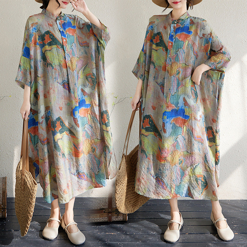 Real shot 2025 summer new literary large size loose printing stand-up collar seven-quarter sleeve dress women's long dress 2229