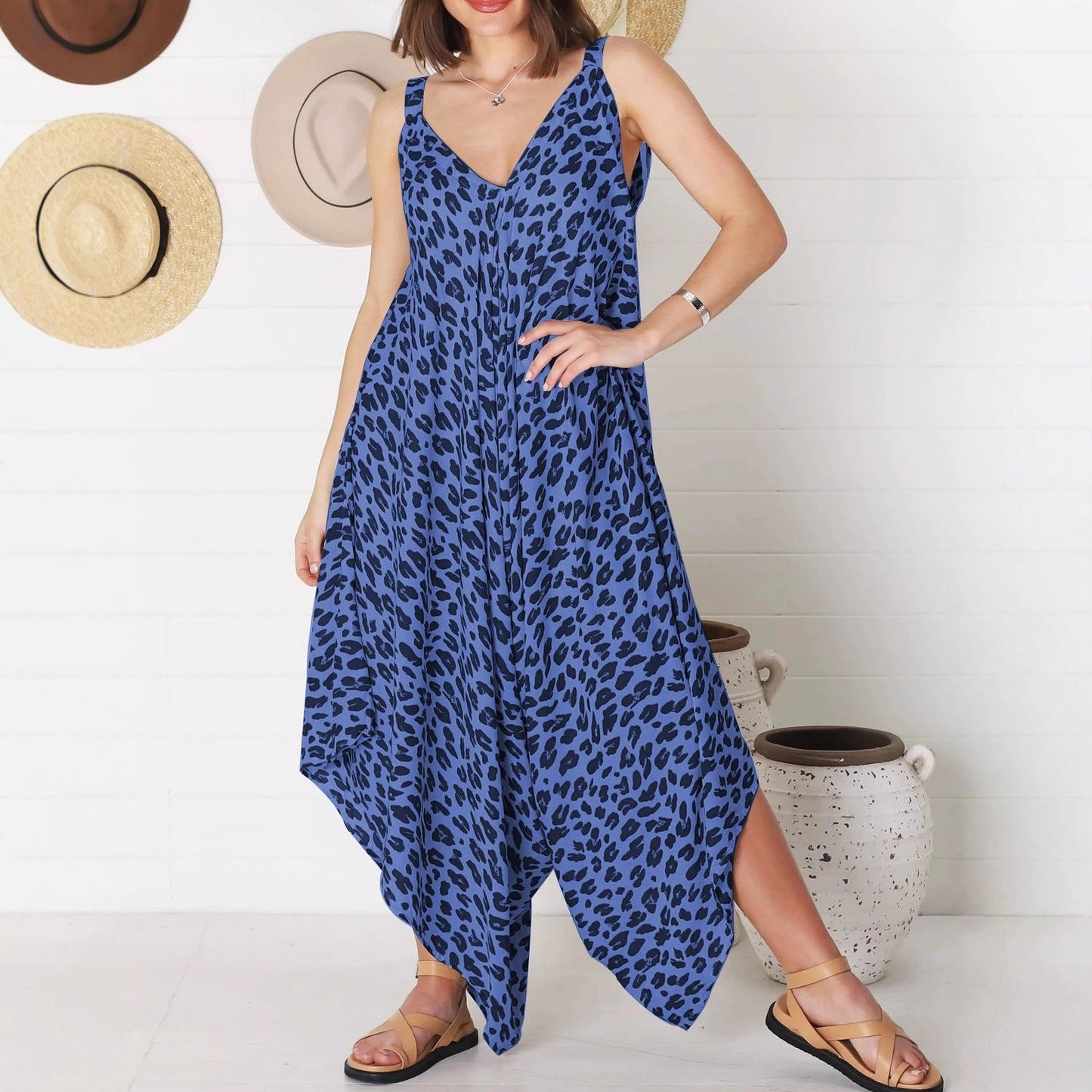 2025 new European and American cross-border women's clothing Amazon independent station one-piece suspender V-neck leopard print wide-leg dress pants