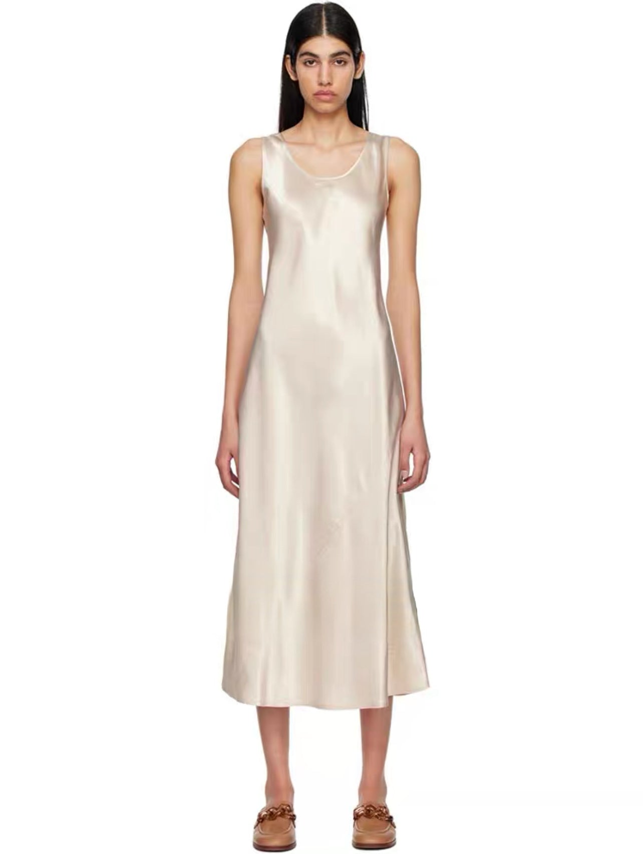 Oblique cut 100% acetic acid pleated silk A-word vest dress women's autumn small satin sleeveless vest long dress