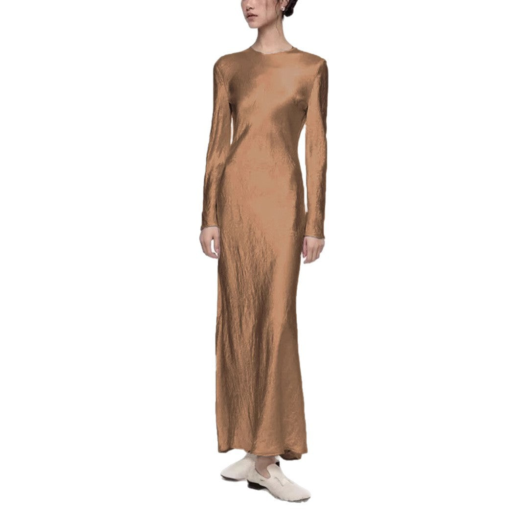 Haute couture 100% acetic acid, spring and autumn French elegance temperament fashionable pole extreme sense satin pleated long-sleeved dress women