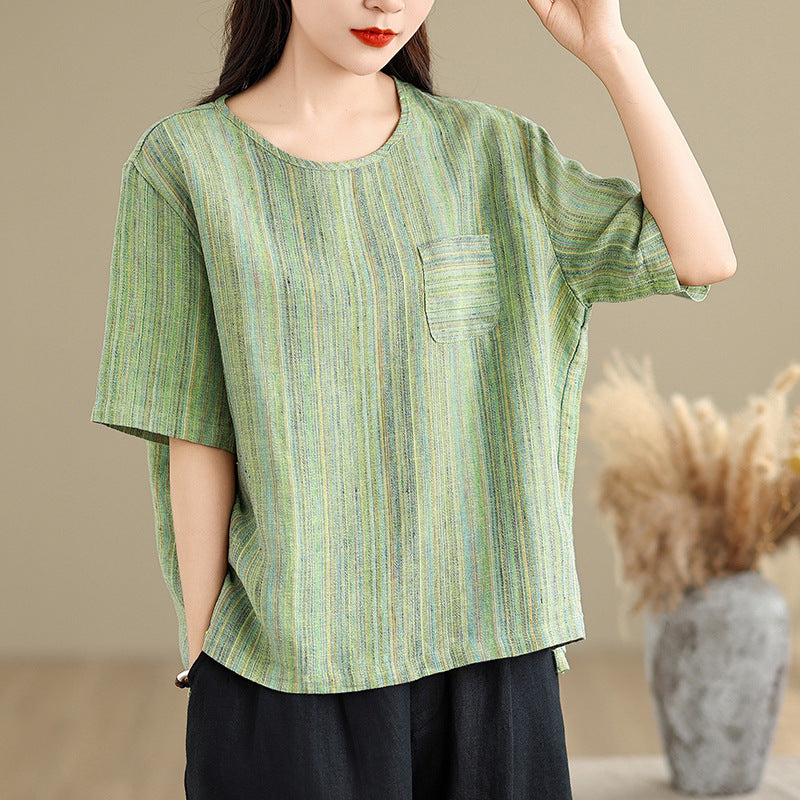 Real shot 2025 summer new cotton and linen literary retro striped short-sleeved shirt top T-shirt women