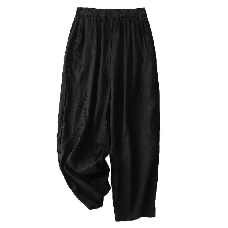 Real shot 2025 summer new cotton and linen large size elastic waist solid color loose and thin nine-point Harlan pants women