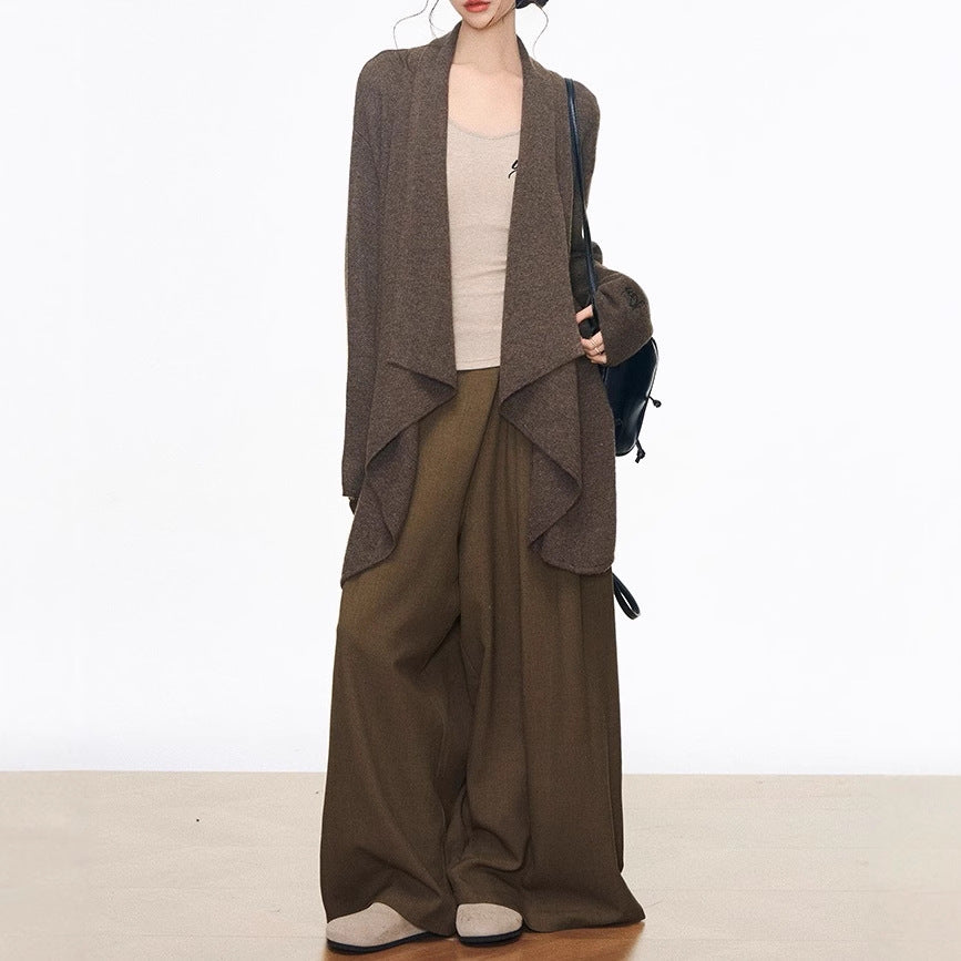 WESTAYONE medium and long sweater cardigan women's Korean lazy + V-neck bottoming shirt + wide-leg pants