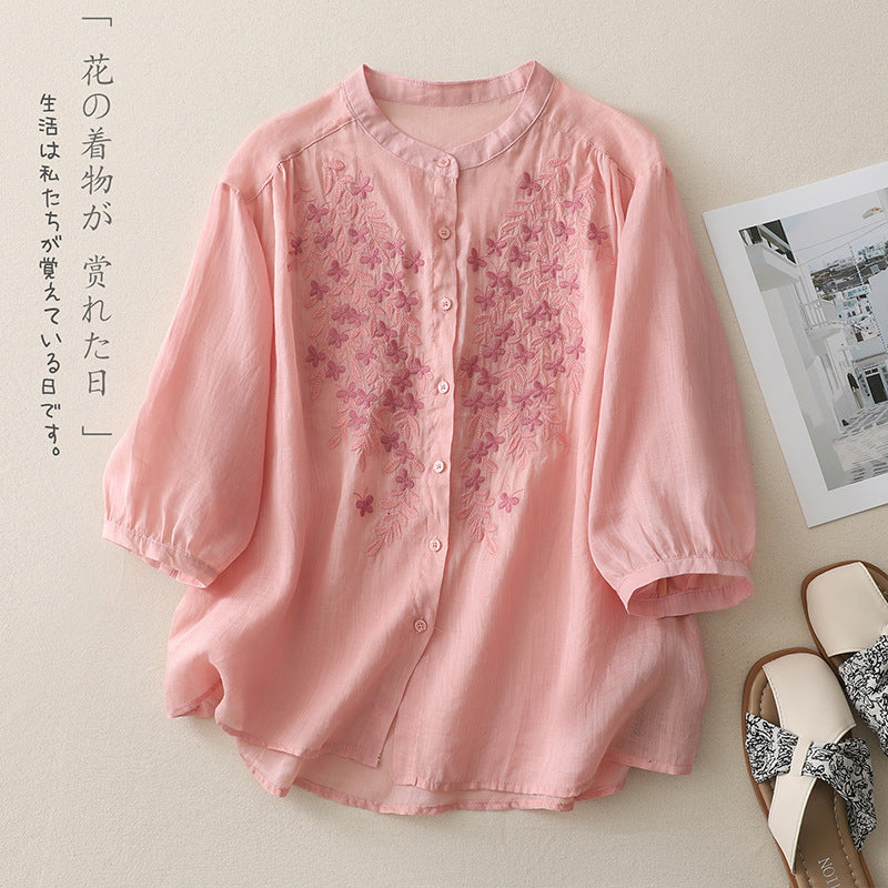 Real shot 2025 summer new cotton and linen ethnic style embroidered shirt single-breasted cardigan top women