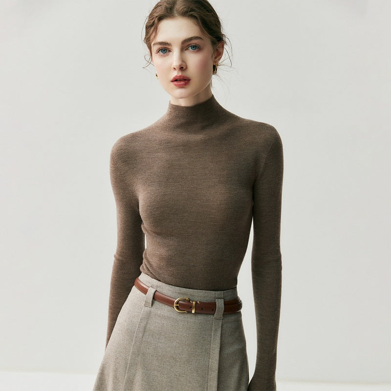 Machine washable Yangtze worsted wool sweater women's thin semi-turtleneck slim-fit sweater autumn and winter high-end knitted bottoming shirt