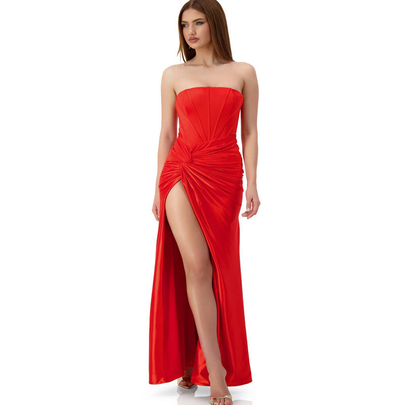 New cross-border European and American style holiday banquet dress high-end sexy slim tube top fish bone split evening dress dress